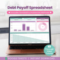 Nuviora Studio Debt Snowball Spreadsheet dashboard mockup on laptop and tablet